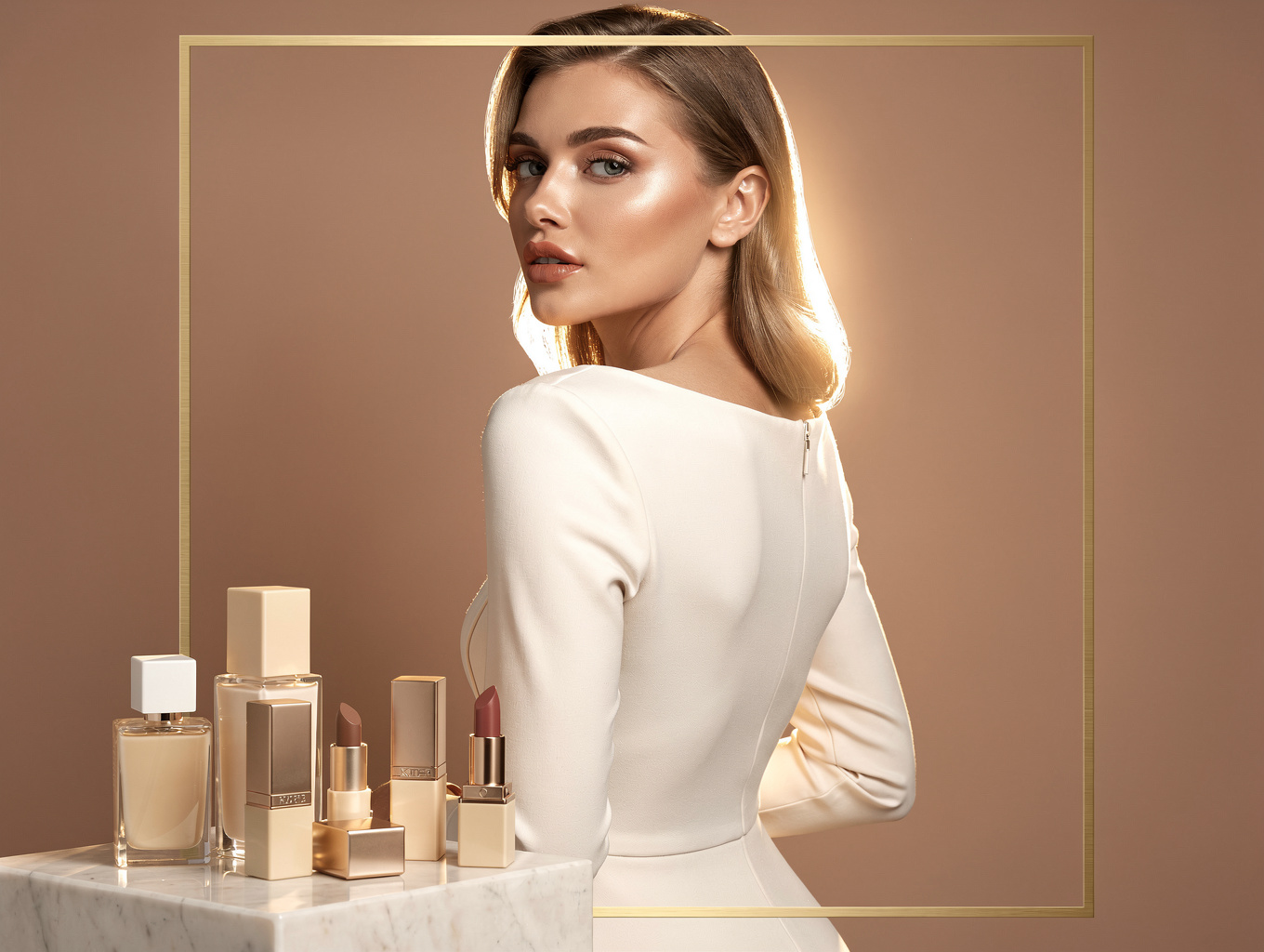 Успешный консультант Avon с косметической продукцией в светлой студии